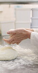 Bakery, flour and hands of person in kitchen for dough ingredients, bread and small business. Cooking, pastry chef and restaurant catering with baker in cafe for sourdough prep and hospitality