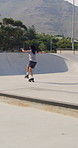 Skatepark, rollerblade and people outdoor for fun, hobby or fitness with headphones and music. City, ramp and friends with jump, practice or tricks for extreme sport, cardio and balance on weekend