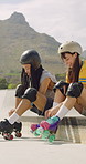 Happy, rollerskate and friends with lace in park for skating, hobby and activity in summer. Talking, skater and people prepare with equipment for sports, practice and training on weekend outdoor
