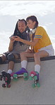 Outdoor, roller skates or friends with phone for laughing, social media or trick tutorial for break. Reading, funny message or happy people with tech for hobby research, rest or bonding at skate park