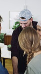 Business, people and hands together for office success, goals and motivation with creative project. Celebration, group and marketing team with high five for collaboration, happiness and milestone