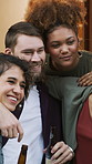 Selfie, laughing or friends outdoor with beer, reunion celebration or good time in digital memory. Happy, embrace or people with alcohol, bonding together or group picture for social media update.