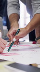 Business, hands and sticky note for people with brainstorming, planning or creative ideas. Teamwork, group and growth for strategy with writing goals, collaboration and paper for project mindmap
