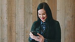 Smile, phone and woman with online app for news, update or notification for fashion sale. Happiness, scroll and person on internet, communication or subscription for cool trends, style or discounts
