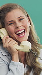 Woman, telephone call and face in studio with fashion, gossip and funny story on green background. Girl, happy and retro style in portrait for conversation, chat or laugh with joke on landline in USA