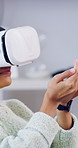 VR headset, woman or goggles with simulation in home for user experience, gaming entertainment or metaverse. Girl, virtual reality or gadget for 3D exploration, interaction or cyber fantasy in house