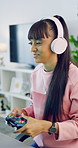 Woman, gamer and tech with controller for live stream, esports and online hobby in home. Headphones, gen z content creator and gaming with video game, tournament or internet challenge for vlog