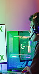 Boy, teenager and gaming with computer screen in home for video games, streaming and challenge. Person, mockup space or gamer with pc for esport, online competition and content creation of tournament