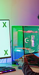 Person, gaming and controller with computer screen in home for streaming, video games and challenge. Gamer, mockup space and console for esports, online competition and content creation of tournament