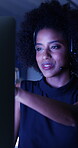 Reading, computer and call center with business woman in office for debt collection, contact us and night. Payment advisor, account agent and overtime with person and microphone in financial firm