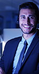 Smile, face and call center with business man in office for debt collection, contact us and night. Payment advisor, account agent and overtime with person and microphone in financial firm for chat