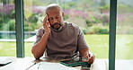 Glasses, stress and black man in home for headache, eye strain or deadline with remote work. Pain, pressure and mature entrepreneur with migraine, burnout or overworked with paperwork and tablet