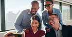 Laughing, happy and people in group selfie for about us, social media or humor in office. Funny, happiness and creative agency with team for profile picture, connection and post in workplace