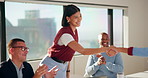 Celebration, meeting and people shaking hands for promotion, thanks or good news. Achievement, clapping and creative team with handshake for congratulations, success or well done on project goal