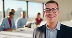 Happy, face and businessman with glasses, boardroom and wealth manager with pride for career growth. Corporate, financial advisor and person with smile for business development, laugh and leadership