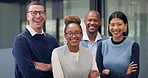Team, laugh and face of business people in office for about us, collaboration and financial agency. Corporate, happy and portrait of men and women with smile for finance consultant, job and career