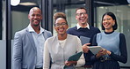 Business people, tablet and face with team in office with smile, diversity or pride at insurance agency. Women, men and group with tech, advisor and broker in portrait for risk management at company