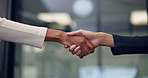 Corporate, business and hands of women with handshake for finance deal, merger and partnership. Office, collaboration and people with agreement for financial venture, investment and negotiation