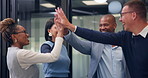Team, high five and laugh with business people in office for success, solidarity and achievement. Support, applause and mission with group of employees in agency for celebration, agreement and joke