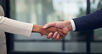 Meeting, hands and business people with handshake for finance deal, onboarding and partnership. Corporate, collaboration and workers with agreement for financial venture, investment and negotiation