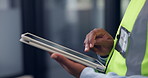 Construction, office and hands of woman on tablet for inspection, building assessment and report. Architecture, typing and person on tech for compliance, renovation project and engineering plan
