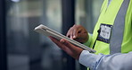 Construction, office and hands of person on tablet for inspection, building assessment and report. Architecture, typing and worker on tech for compliance, renovation project and engineering plan