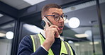 Man, engineer and phone call on office with stress, thinking and contact for construction career. Person, technician or architect with talk, app or mistake for confused with review at property agency