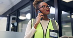 Black woman, phone call and engineer on office with talk, tablet or review with construction project. Person, technician or notes with tech, application or safety inspection with property development