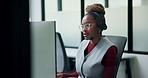 Call center, computer and woman with headset in office, telemarketing and communication with contact. Business, representative and person with mic for discussion, lead generation and consultation