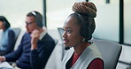 Call center, discussion and woman with headset in office, telemarketing or conversation with contact. Coworking, business and person with mic for communication, lead generation and consultation