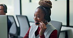 Call center, headset and black woman for customer support, advice or virtual communication. Happy agent, consultant or person talking with smile for help desk, crm or online service in office