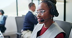 Telemarketing, consultation and woman with headset in business, agent and communication with contact. Coworking, call center and people with mic for discussion, lead generation and explanation offer