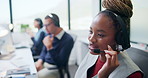 Happy, consultant and woman with headset in call center, telemarketing or communication with contact. Coworking, business and people with mic for competition, lead generation and explanation offer