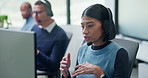 Consultant, telemarketing and woman with headset in call center, talk or communication with contact. Coworking, business and people with computer for lead generation, discussion and explaining offer
