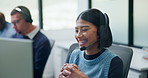 Call center, laughing and woman with customer support, friendly communication or contact. Web consultant, headset and person with funny chat for help desk, solution or online service on computer