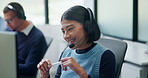 Call center, telemarketing and happy woman with talking, sales or outbound communication. Friendly, agent and smile with headset for customer review, feedback and contact solution on computer