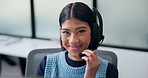 Face, consultant and headset with computer in office for loan assistance, virtual support and CRM. Agent, financial advisor and laugh with tech for insurance claim, policy update or customer service