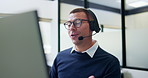 Call center, telecom and man for communication, sales or talk of premium benefits on computer. Business agent, headset and discussion in office for customer review, feedback or insurance offer