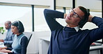 Man, headset and tired with stretching at call center with computer, exhausted and glasses at insurance company. Person, consultant and advisor with voip, muscle fatigue or risk management at agency