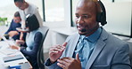 Call center, telemarketing and black man for communication, sales or talking of premium benefits. Business agent, headset and discussion in office with customer review, feedback or insurance offer
