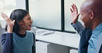 Business people, high five and celebration at office with team, smile and goals at insurance company. Happy woman, man and broker with success, excited and motivation with congratulations at agency