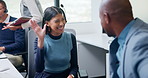 Business people, high five and celebration at call center with team, happy and goals at insurance company. Woman, man and broker with success, excited and motivation with congratulations at agency