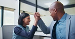 Business people, high five and motivation at office with team, smile and goals at insurance company. Happy woman, man and broker with celebration, excited or congratulations for achievement at agency