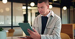 Man, tablet and typing at office with report, notes and proposal at property development company. Person, realtor or consultant with tech, application and review with feedback at real estate agency