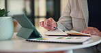 Hands, tablet and notes with book at office with charts, review and stats at insurance company. Person, broker and tech with report, administration or application for career at risk management agency
