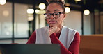 Reading, laptop and glasses with business black woman in office for thinking, public relations statement and editor. Online review, media report and reflection with employee for creative campaign