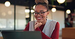 Laptop, smile and black woman with online feedback, solution or editing post in office. Happy, reading and creative copywriter with glasses for marketing internship, email or newsletter at agency
