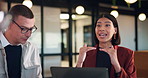 Woman, team and laptop with planning at office meeting, discussion or review at real estate company. People, realtor and consultant with pitch for investor, property development or feedback at agency