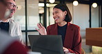 Woman, team and laptop for laugh at office meeting, proposal or review at real estate company. People, realtor and consultant with discussion for investor, property development or insight at agency