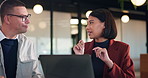 Woman, team and laptop for discussion at office meeting, proposal or review at real estate company. People, realtor and consultant with notes for investor, property development or insight at agency